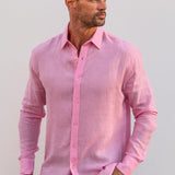 Mens' Pink Linen Shirt with Blue Contrast Trim