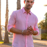 Mens' Pink Linen Shirt with Blue Contrast Trim