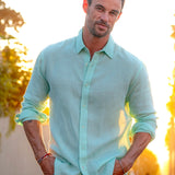Mens' Aqua Linen Shirt with Contrast Trim
