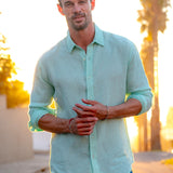 Mens' Aqua Linen Shirt with Contrast Trim