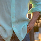 Mens' Aqua Linen Shirt with Contrast Trim