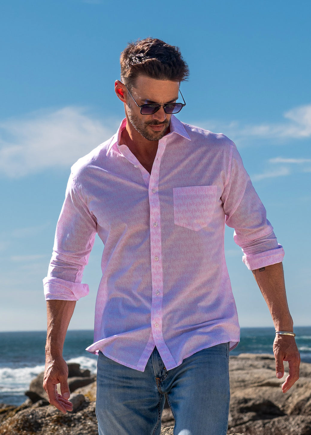 Palm Grove Mens' Organic Shirt in Light Pink | Luxury Men's Resortwear Frangipani Palm Grove Mens' Organic Shirt in Light Pink | Luxury Men's Resortwear Frangipani
