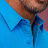 Corduroy Mens' Organic Cotton Shirt in Azure Blue with Bright Orange Trim