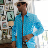 Dusk Till Dawn Mens' Organic Cotton Shirt in Hawaiian Blue & Peach
