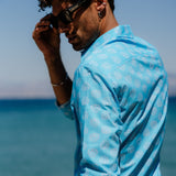 Dusk Till Dawn Mens' Organic Cotton Shirt in Hawaiian Blue & Peach