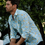 Sky Bloom Mens' Cotton Shirt in Blue & Yellow