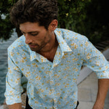 Sky Bloom Mens' Cotton Shirt in Blue & Yellow