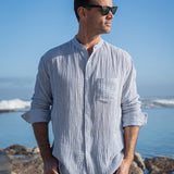 Twice as Nice Mens' Cotton shirt with Nehru Collar in Ocean Stripe