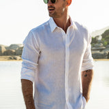 Mens' White Linen Shirt with Contrast Trim
