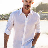 Mens' White Linen Shirt with Contrast Trim