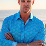 Dusk Till Dawn Mens' Organic Cotton Shirt in Hawaiian Blue & Peach