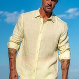 Mens' Pina Colada Yellow Linen Shirt with Contrast Trim