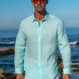 Mens' Mint Blue Linen Shirt with Contrast Trim