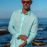 Mens' Mint Blue Linen Shirt with Contrast Trim