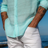 Mens' Mint Blue Linen Shirt with Contrast Trim