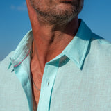 Mens' Mint Blue Linen Shirt with Contrast Trim