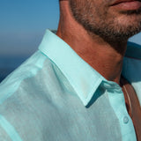 Mens' Mint Blue Linen Shirt with Contrast Trim