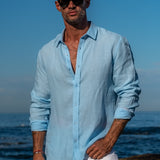 Mens' Ice Blue Linen Shirt with Contrast Trim
