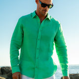 Mens' Electric Green Linen Shirt with Contrast Trim