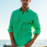 Mens' Electric Green Linen Shirt with Contrast Trim