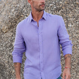 Mens' Lilac Linen Shirt with Contrast Trim