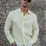Mens' Pina Colada Yellow Linen Shirt with Contrast Trim