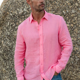 Mens' Electric Pink Linen Shirt with Contrast Trim