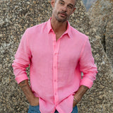 Mens' Electric Pink Linen Shirt with Contrast Trim