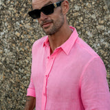 Mens' Electric Pink Linen Shirt with Contrast Trim
