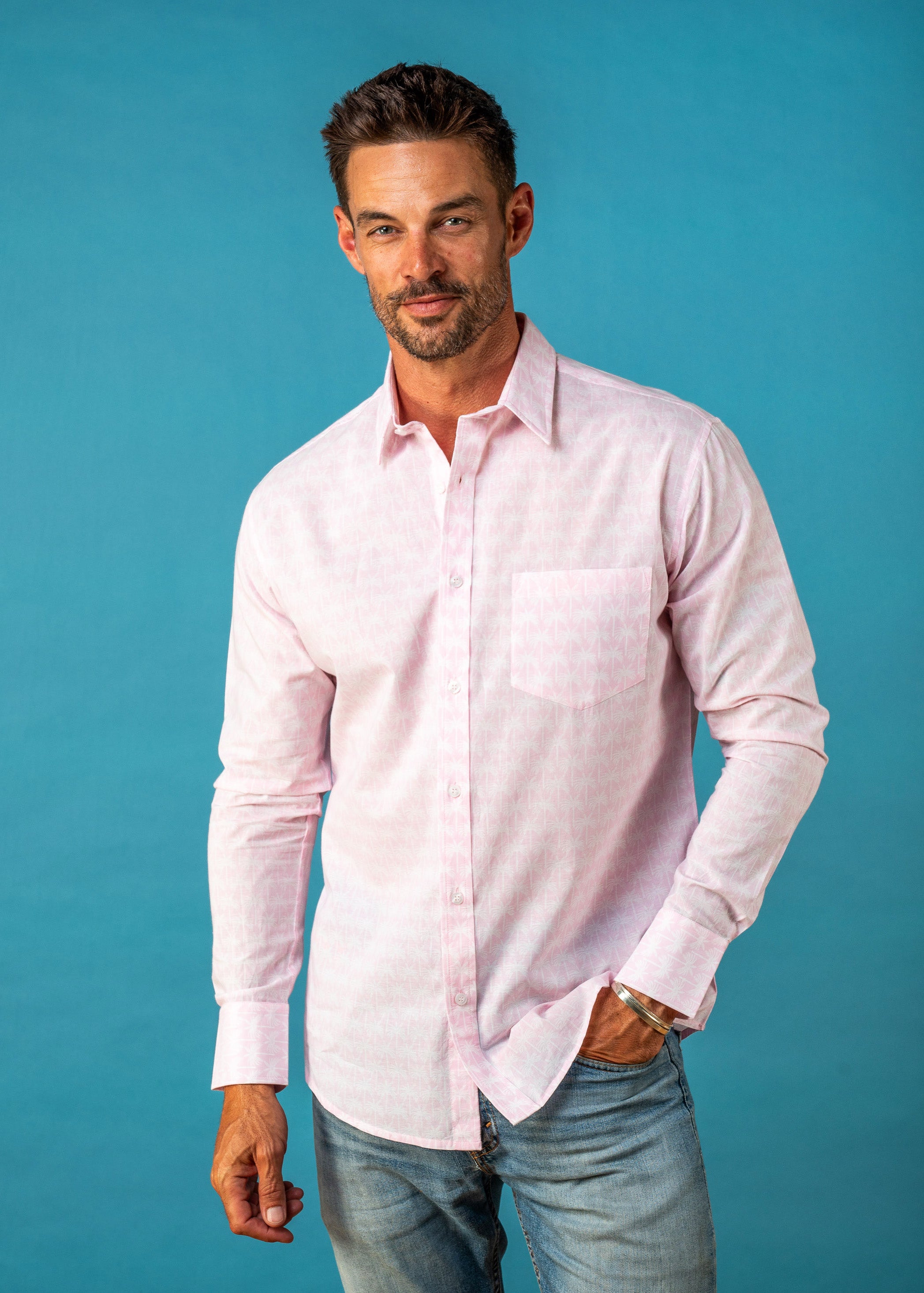 Palm Grove Mens' Organic Shirt in Light Pink | Luxury Men's Resortwear Frangipani Palm Grove Mens' Organic Shirt in Light Pink | Luxury Men's Resortwear Frangipani