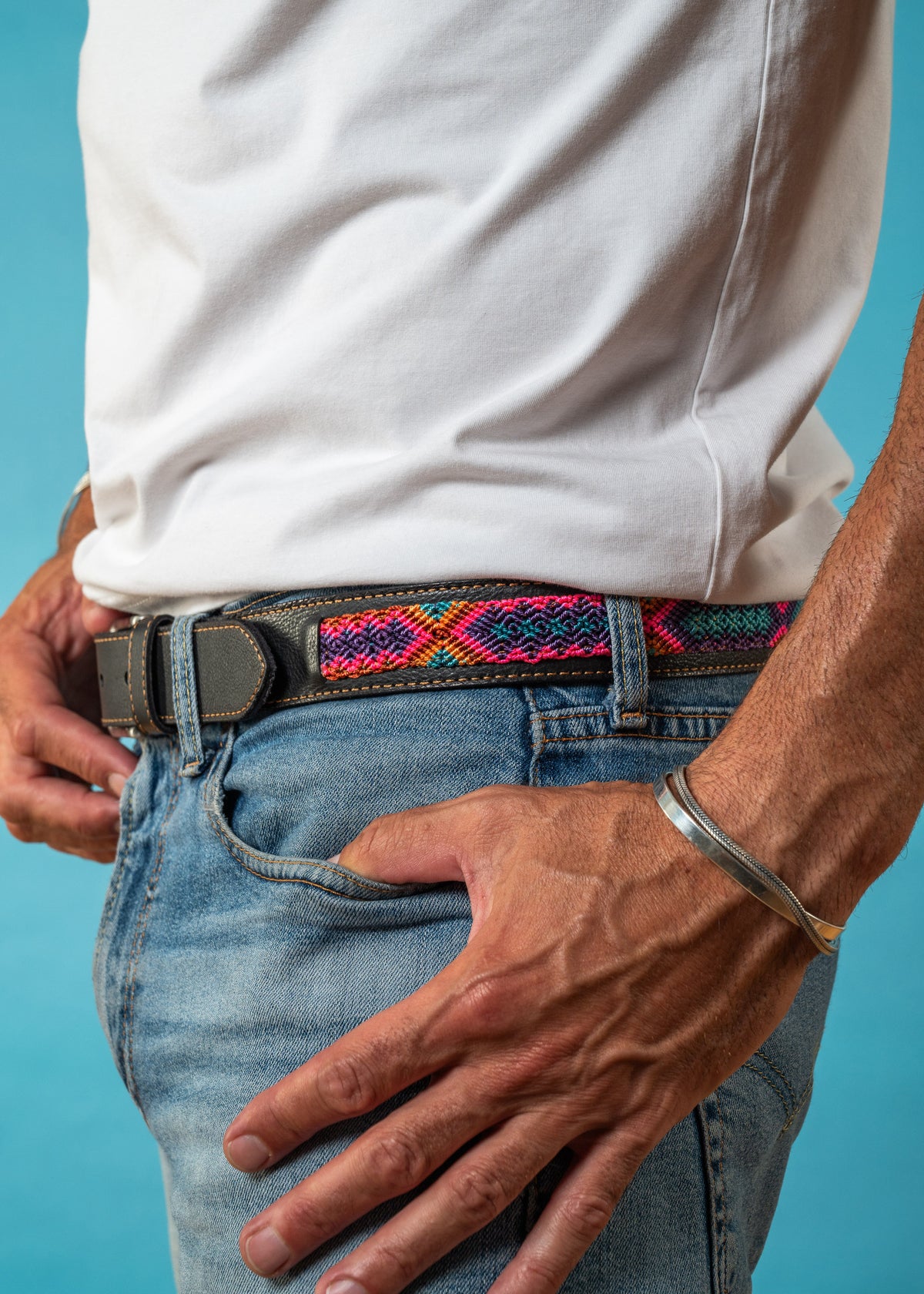 Mexican Braided Blue Belt with Mexican Silver Buckle Braided Blue & White Golf Ratchet Belt 1.38 main image 2