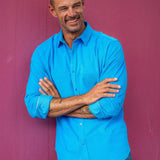 Corduroy Mens' Organic Cotton Shirt in Azure Blue with Bright Orange Trim