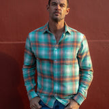 Mens' Check Shirt in Light Green & Orange