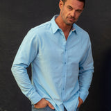 Corduroy Mens' Organic Cotton Shirt in Ice Blue with an Orange Trim