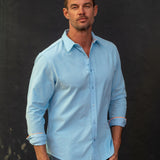 Corduroy Mens' Organic Cotton Shirt in Ice Blue with an Orange Trim