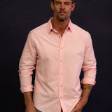 Corduroy Mens' Organic Cotton Shirt in Bubble Gum Pink with a Blue Trim