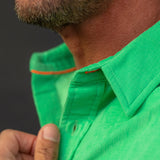 Corduroy Mens' Organic Cotton Shirt in Electric Green with an Orange Trim
