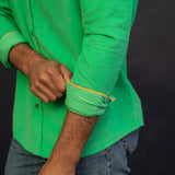 Corduroy Mens' Organic Cotton Shirt in Electric Green with an Orange Trim