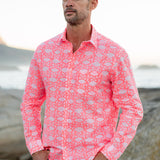Agonda Tide Mens' Cotton Shirt in Coral and Neon Pink