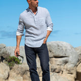Twice as Nice Mens' Half Placket Cotton Shirt in Ocean Stripe