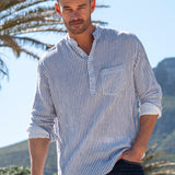 Twice as Nice Mens' Half Placket Cotton Shirt in Ocean Stripe
