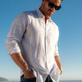 Mens' White Linen Shirt with Contrast Trim