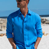 Mens' Ocean Blue Linen Shirt with Contrast Trim