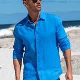 Mens' Ocean Blue Linen Shirt with Contrast Trim