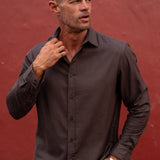 Men’s Brushed Cotton Shirt in Chocolate Brown with Bright Orange Trim