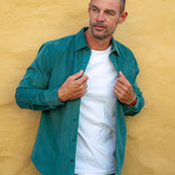 Corduroy Mens' Organic Cotton Shirt in Forest Green with Bright Orange Trim