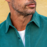 Corduroy Mens' Organic Cotton Shirt in Forest Green with Bright Orange Trim