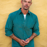 Corduroy Mens' Organic Cotton Shirt in Forest Green with Bright Orange Trim