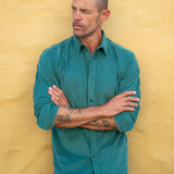 Corduroy Mens' Organic Cotton Shirt in Forest Green with Bright Orange Trim