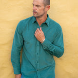 Corduroy Mens' Organic Cotton Shirt in Forest Green with Bright Orange Trim